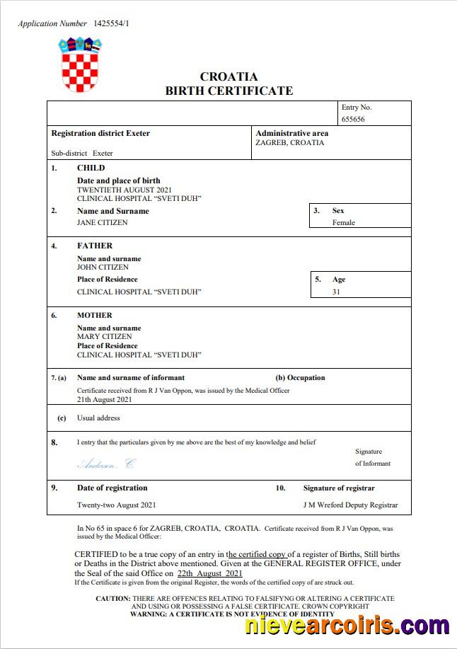 Croatia birth certificate